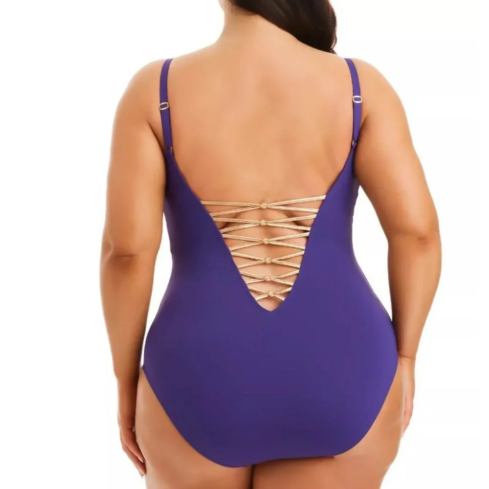 Bleu by Rod Beattie Kore One Piece High Neck Lace Down Swimsuit Purple Size 16W - Picture 12 of 13